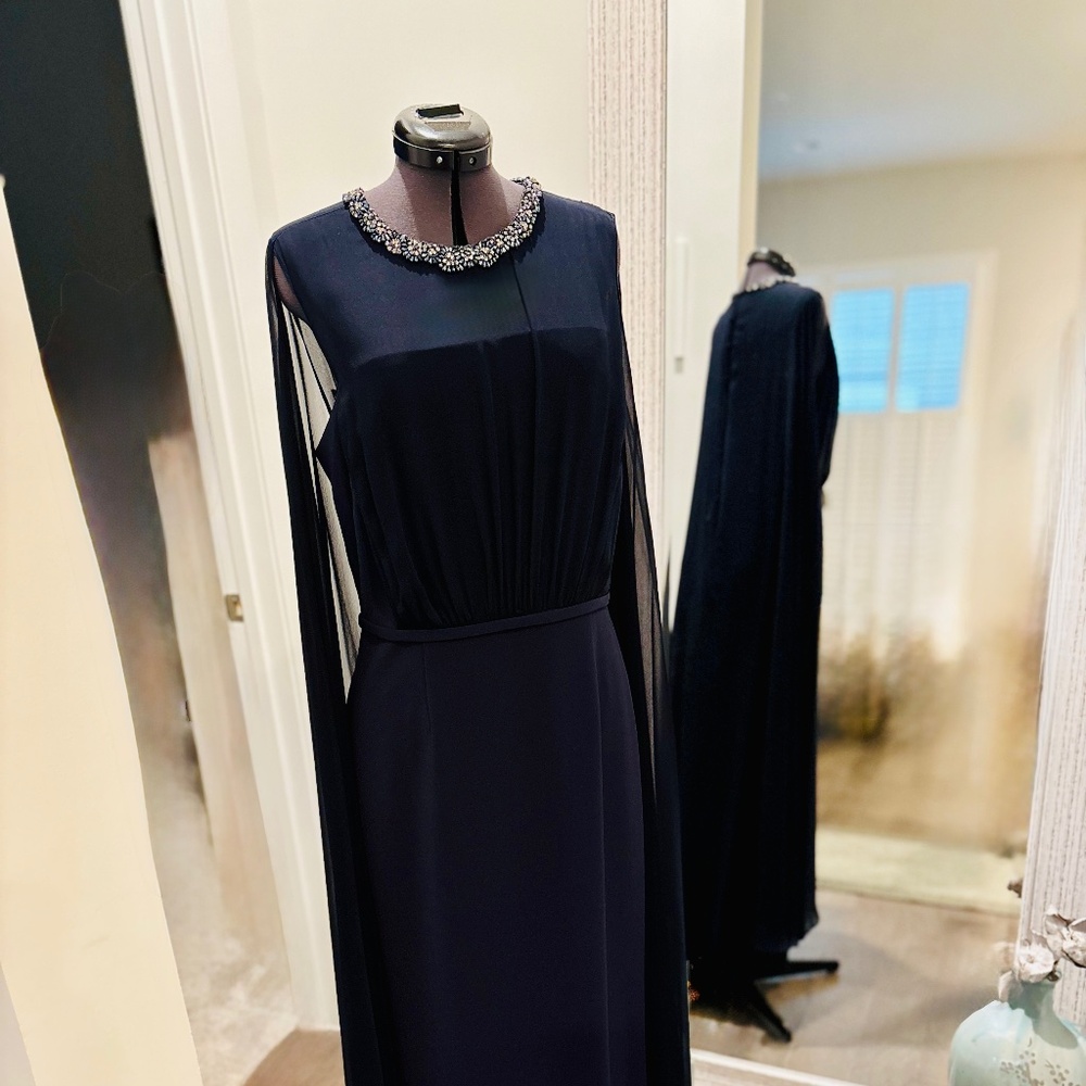 Beaded-Collar Navy Evening Gown for Women